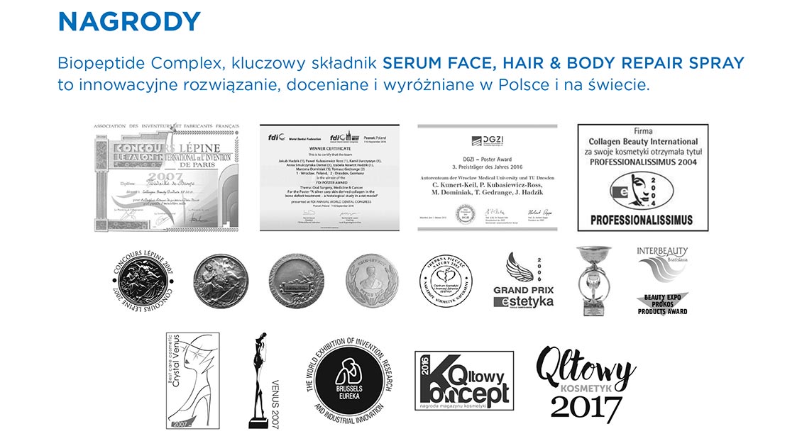Serum do ciała i włosów Larens PEPTIDUM Serum Hair & Body Repair Spray 250ml nagrody